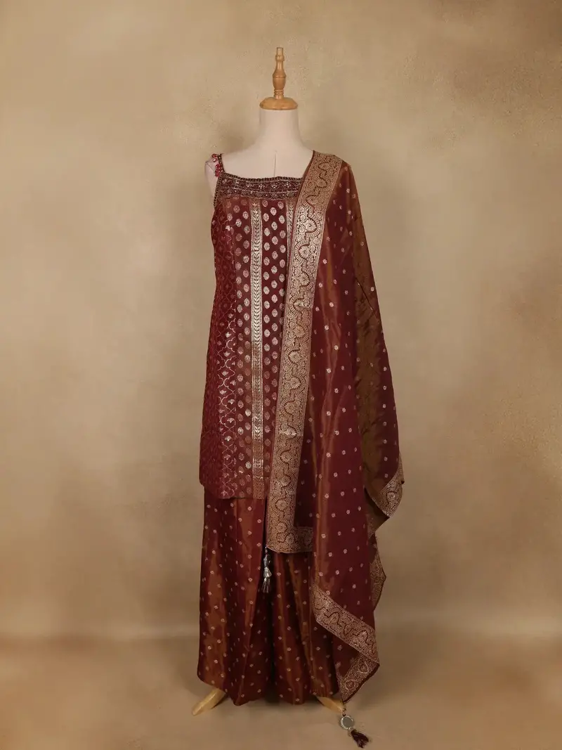 Brown Floral Buttas Design Silk Palazzo Suit 1