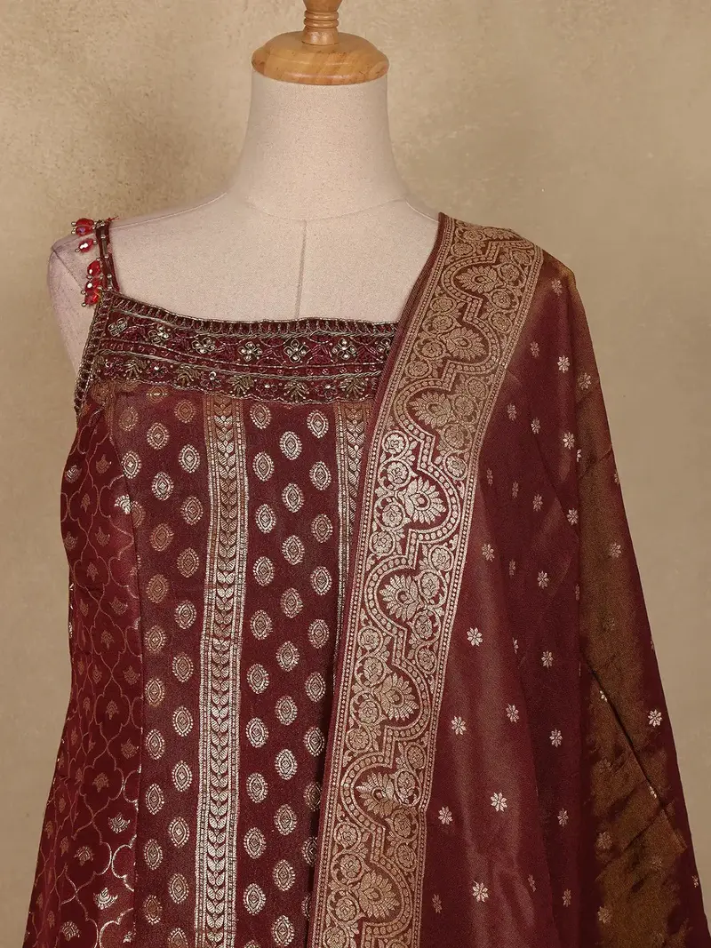 Brown Floral Buttas Design Silk Palazzo Suit 2