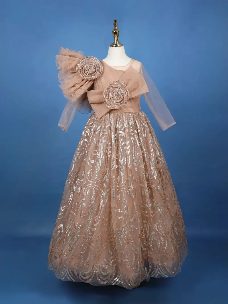 Brown Floral Design Gold Glitter Net Gown 1