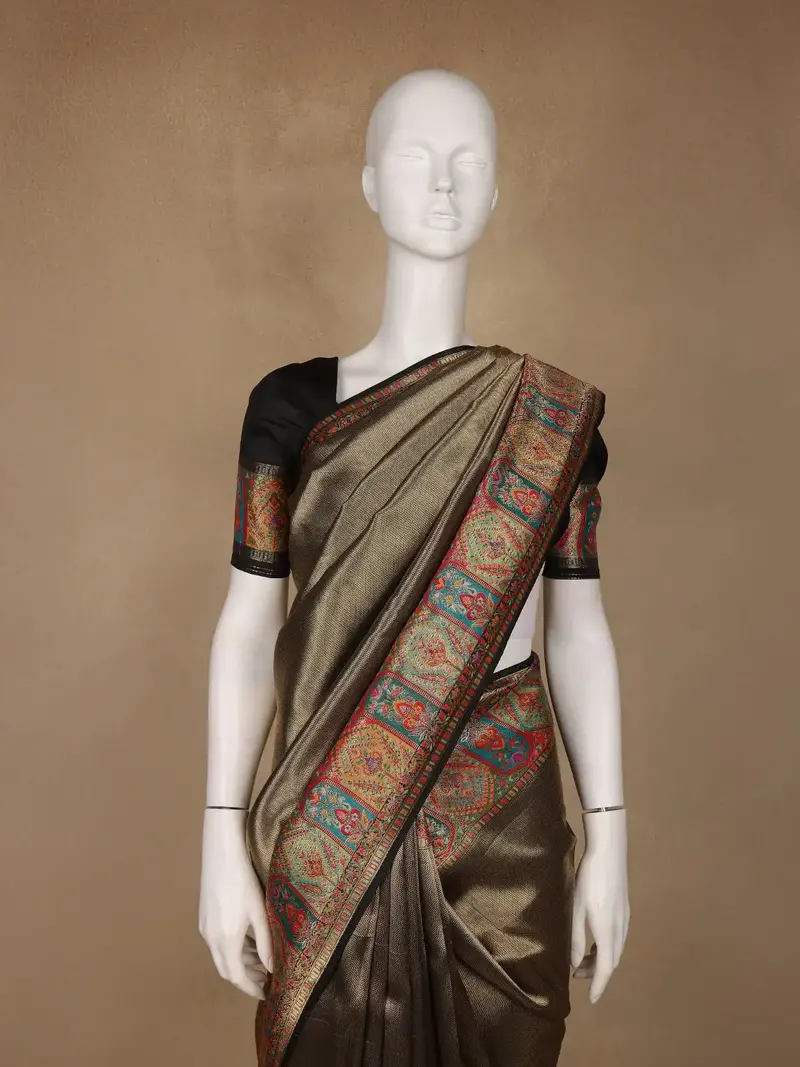Brown Floral Design Print Silk Saree 2