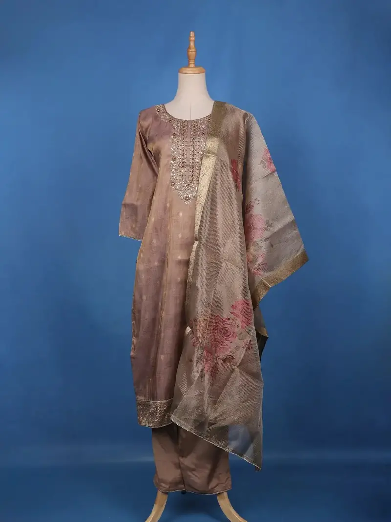 Brown Floral Design Printed Organza Salwar Suit 1