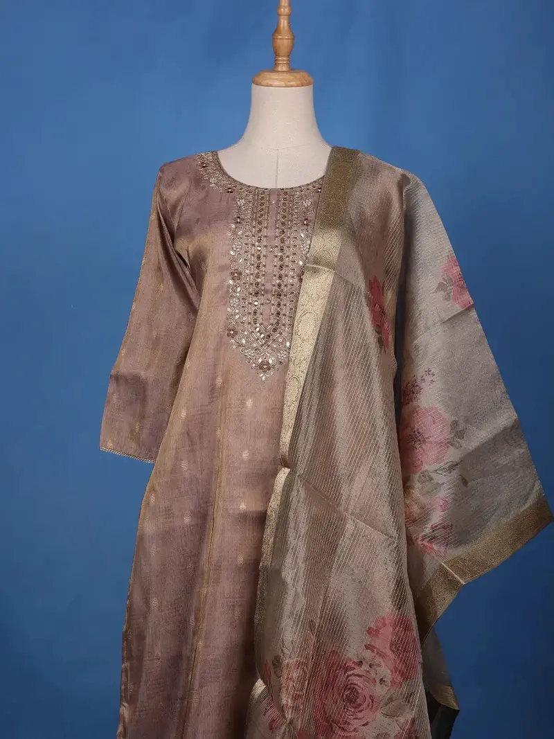 Brown Floral Design Printed Organza Salwar Suit 2