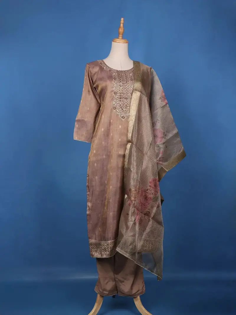 Brown Floral Design Printed Organza Salwar Suit 4