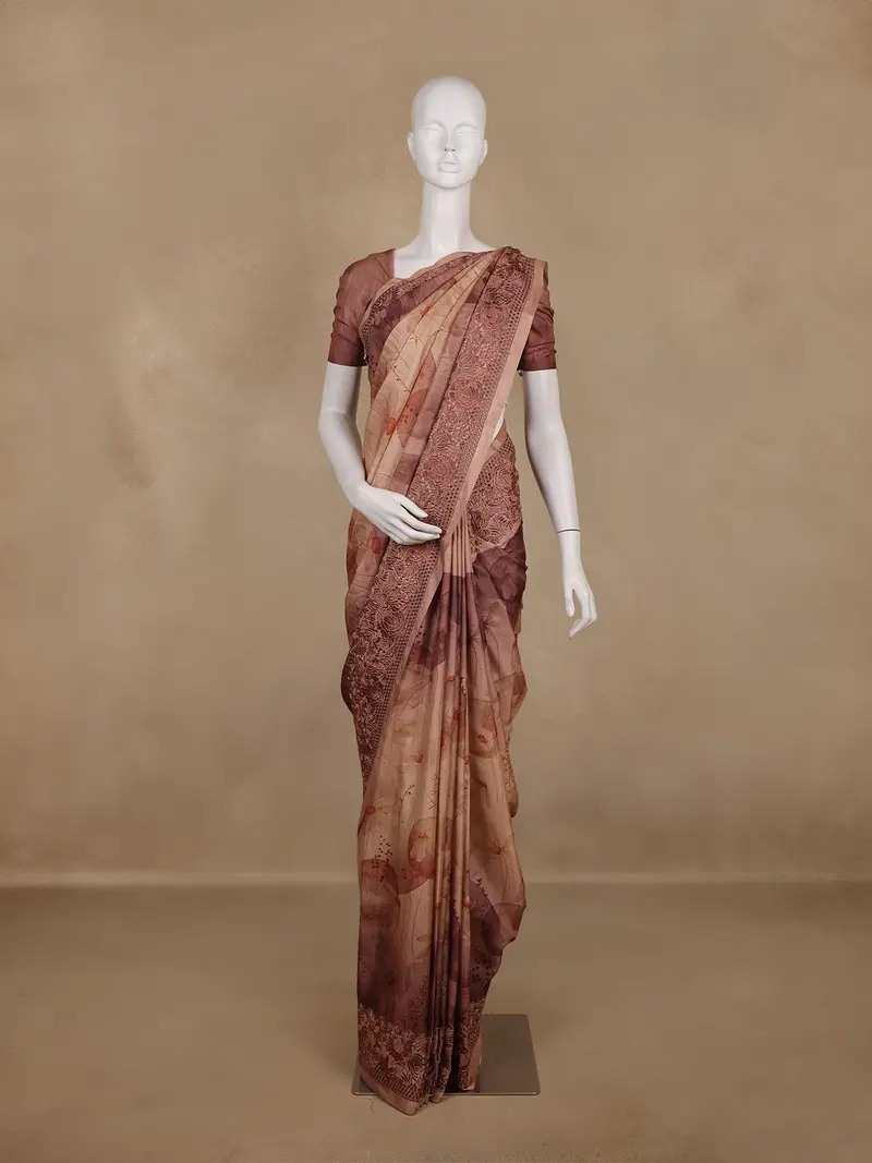 Brown Floral Design Semi Tussar Saree 1