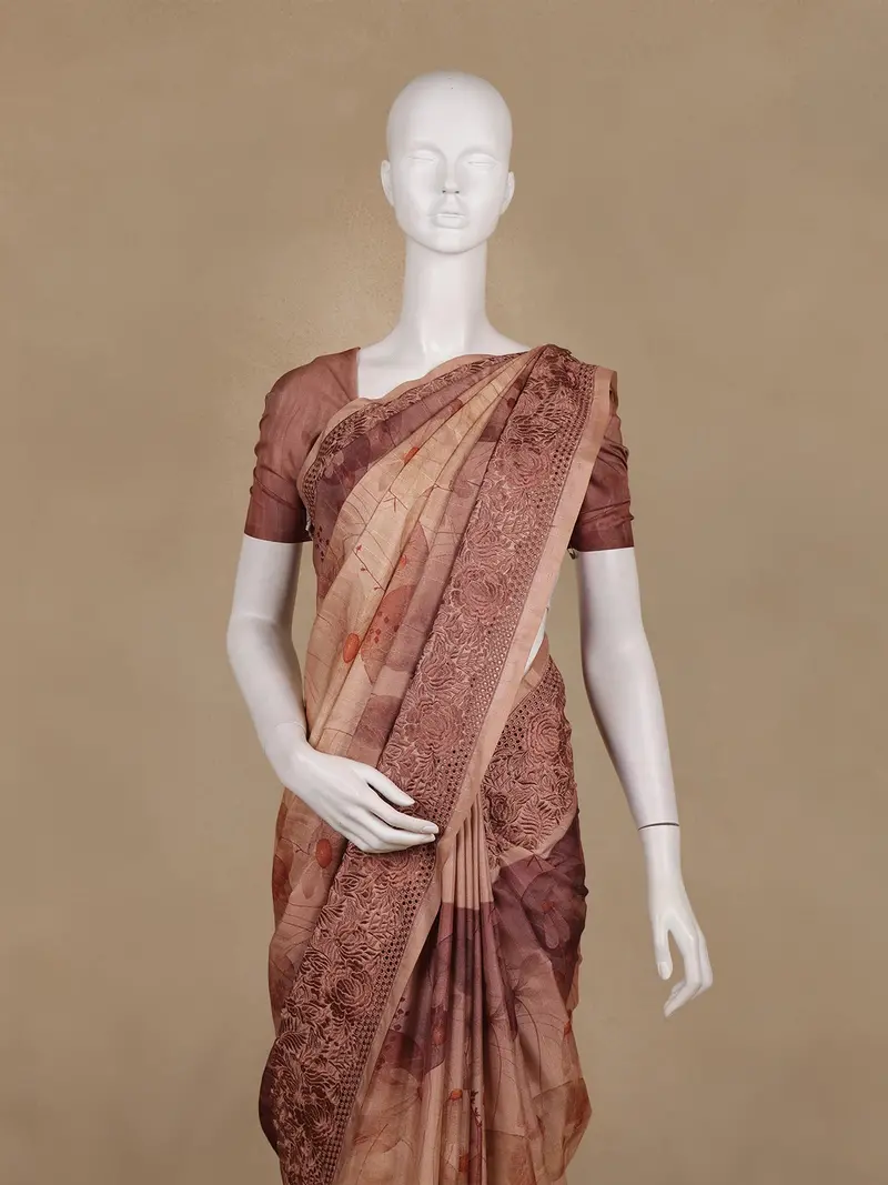 Brown Floral Design Semi Tussar Saree 2