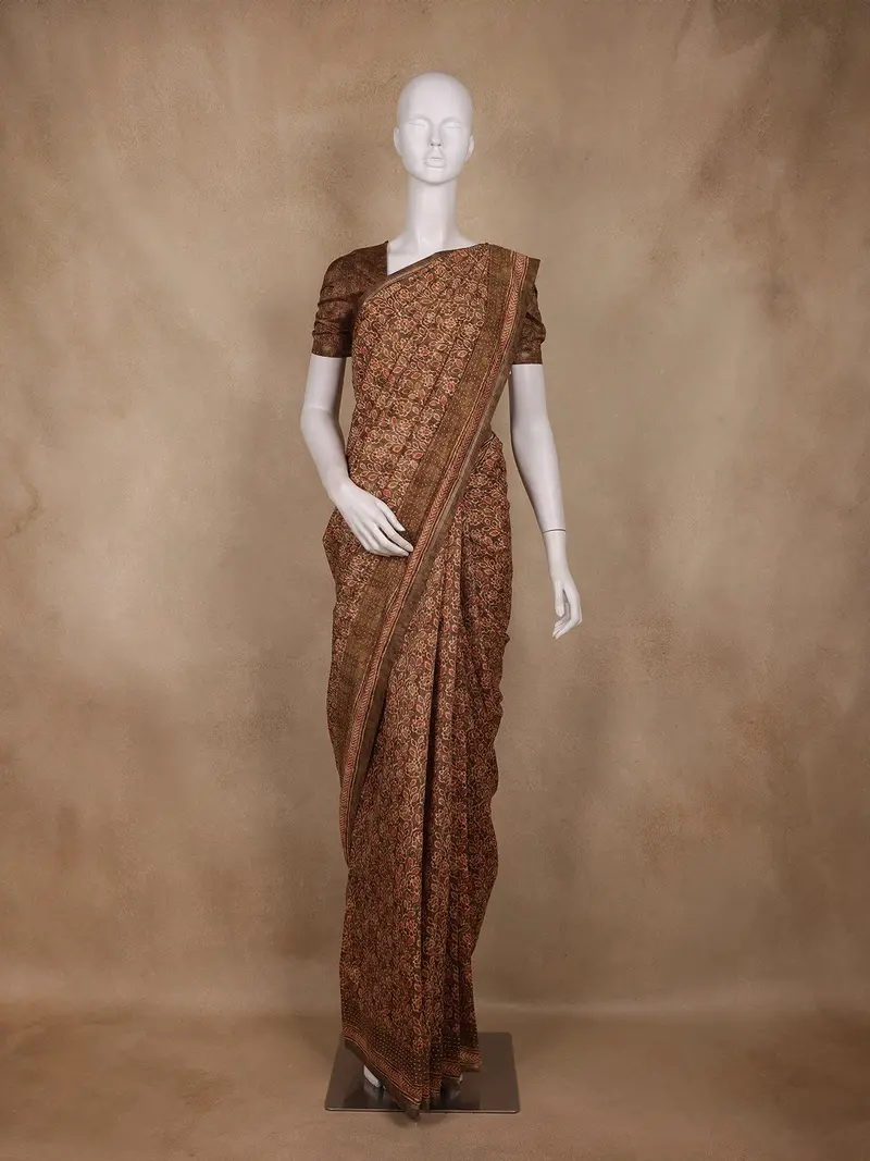 Brown Floral Design Semi Tussar Saree With Embroidery Border 1