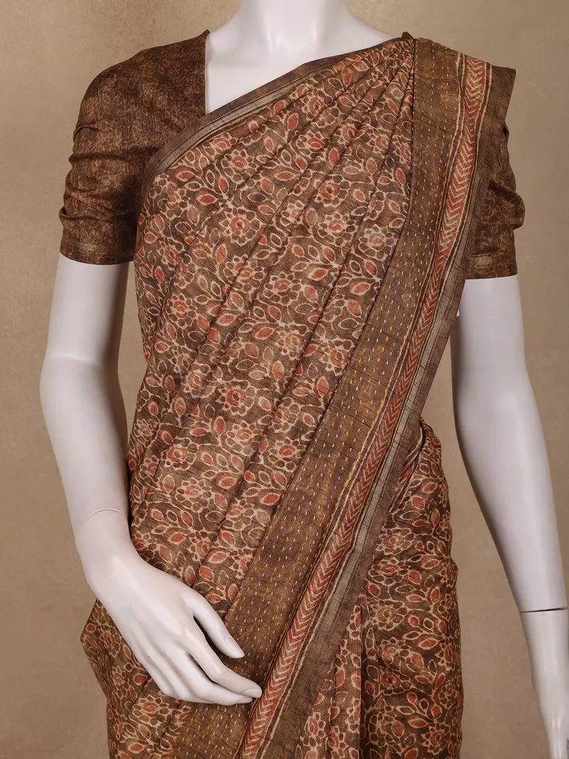 Brown Floral Design Semi Tussar Saree With Embroidery Border 2