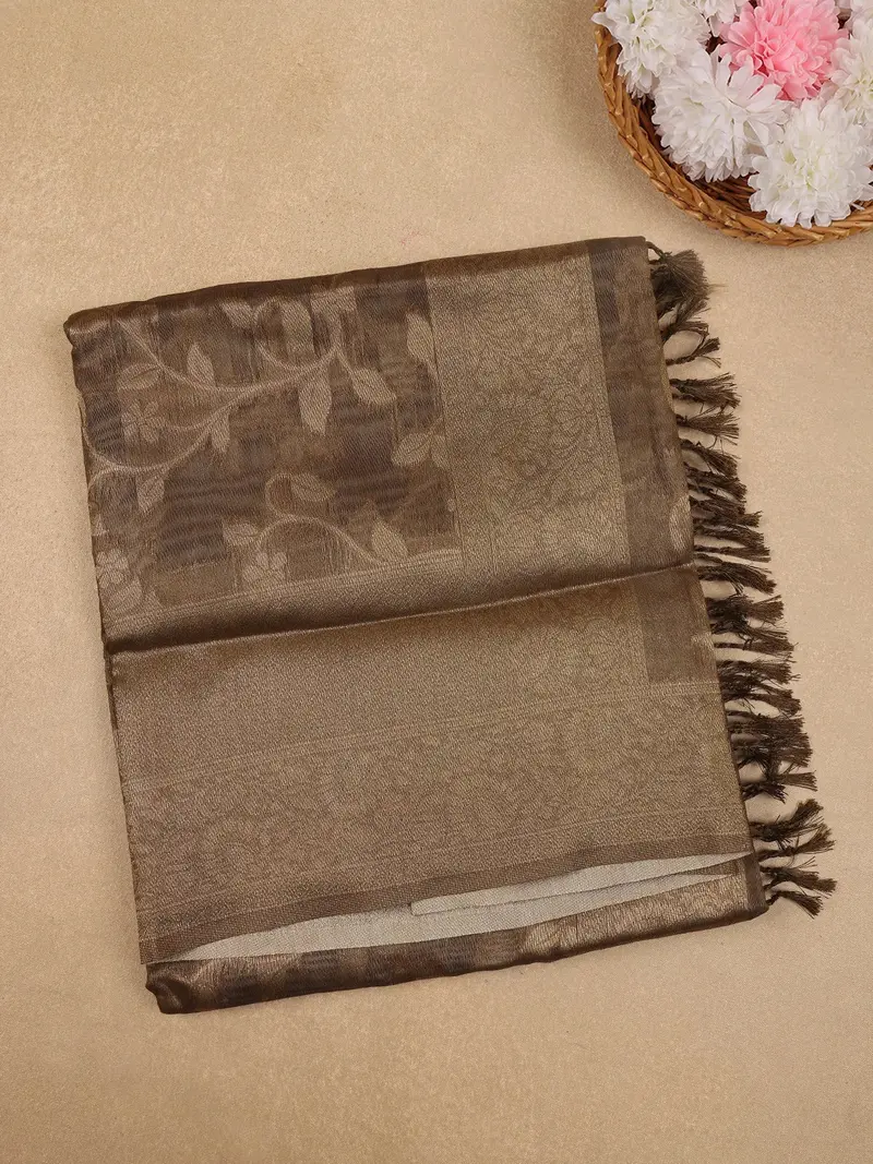 Brown Floral Design Tissue Silk Saree 1
