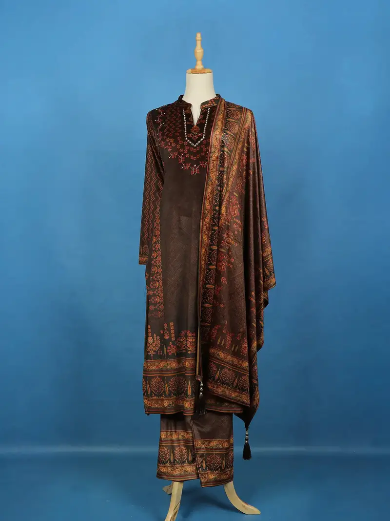 Brown Floral Design Velvet Salwar Suit 1