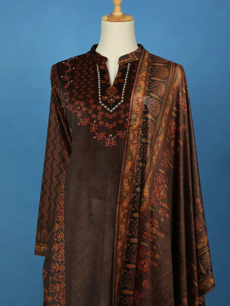 Brown Floral Design Velvet Salwar Suit 2