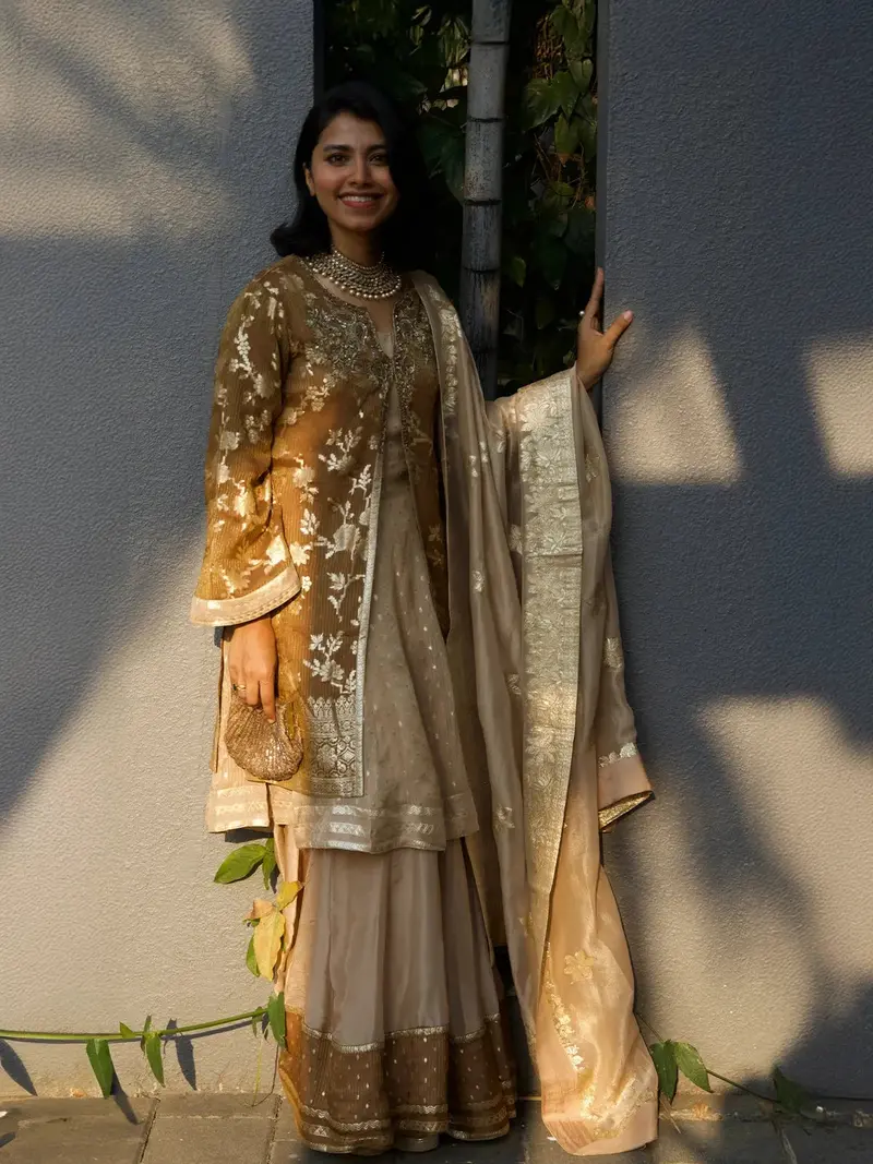Brown Floral Designed Banarasi Sharara Salwar Suit 1