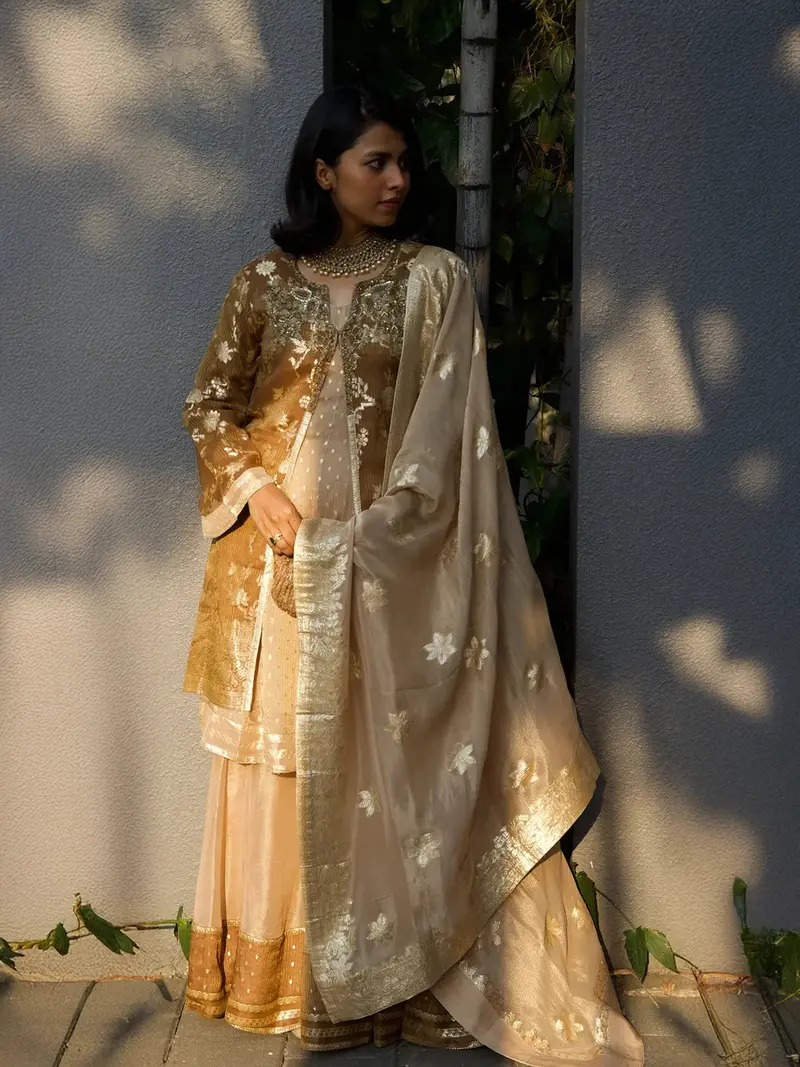Brown Floral Designed Banarasi Sharara Salwar Suit 2