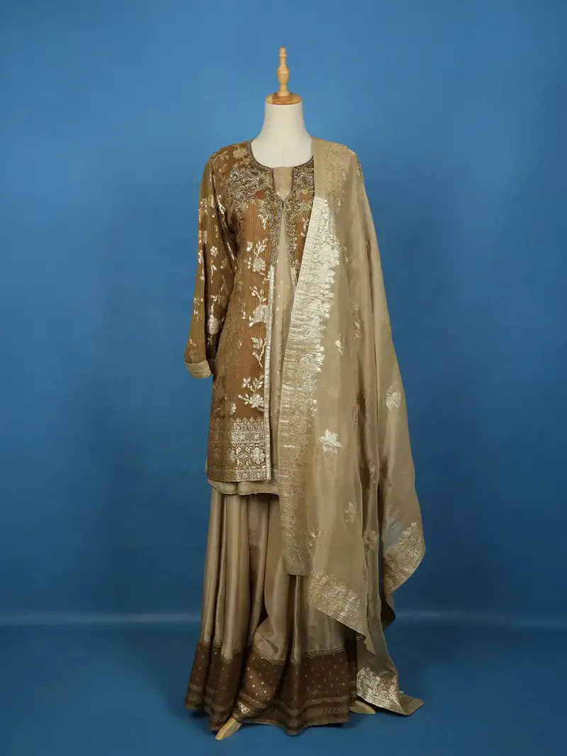 Brown Floral Designed Banarasi Sharara Salwar Suit 4