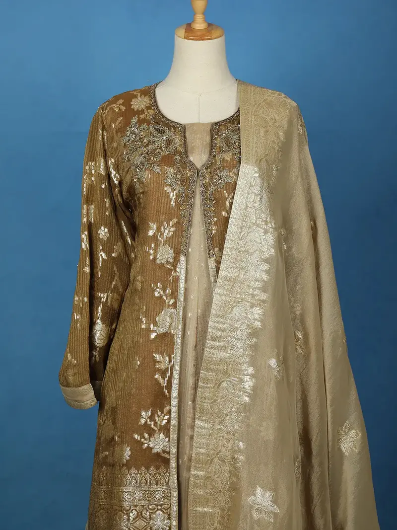 Brown Floral Designed Banarasi Sharara Salwar Suit 5