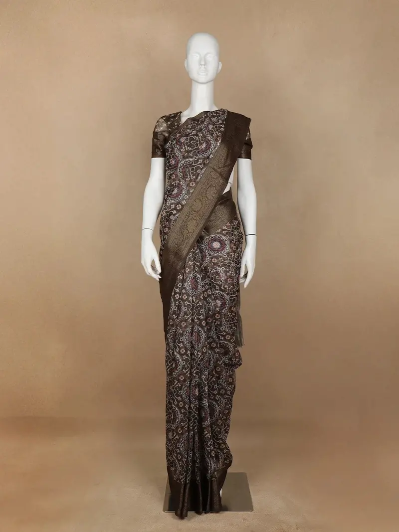 Brown Floral Designed Chanderi Cotton Saree 1