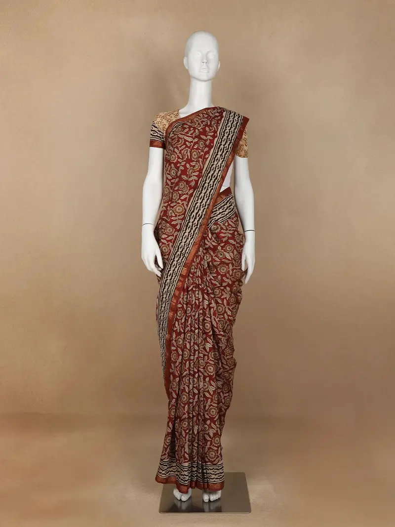 Brown Floral Designed Chanderi Cotton Saree 1