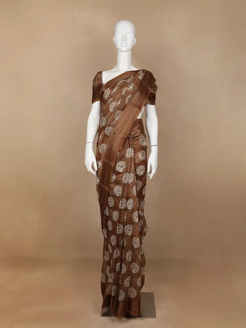 Brown Floral Designed Chanderi Cotton Saree 1