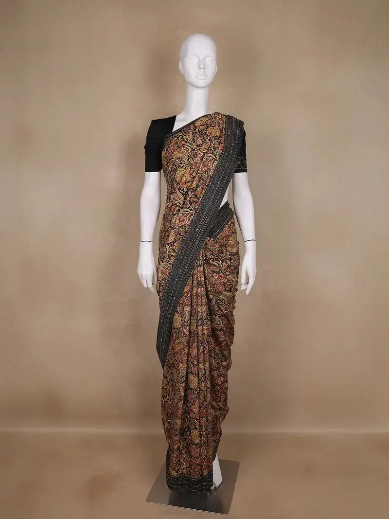 Brown Floral Designed Chanderi Cotton Saree 1