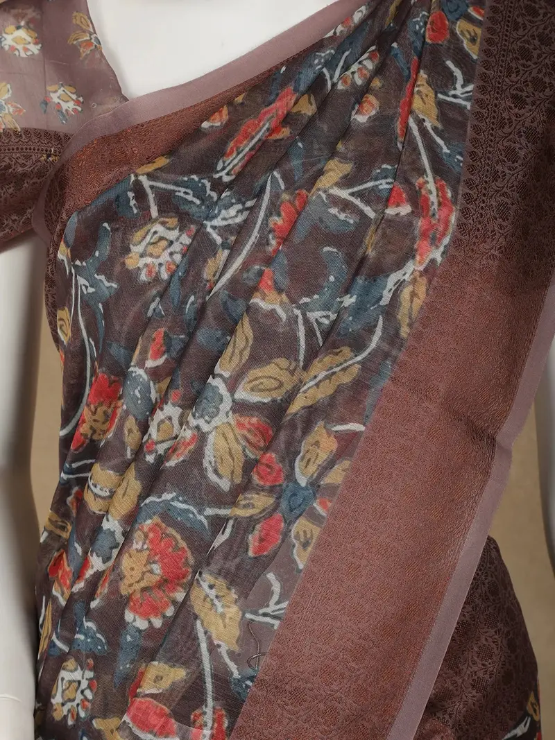 Brown Floral Designed Chanderi Cotton Saree 2