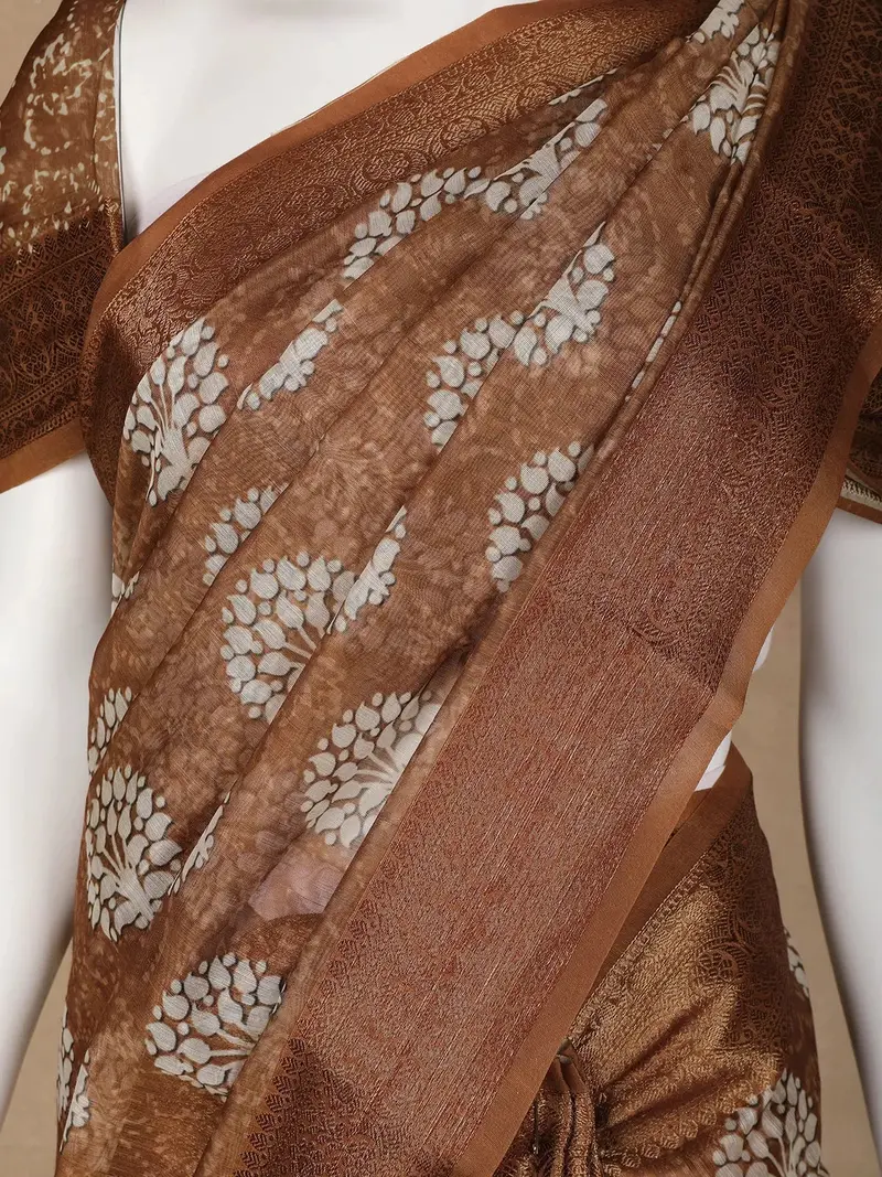 Brown Floral Designed Chanderi Cotton Saree 2