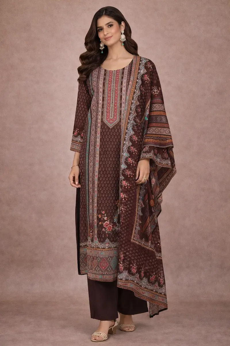 Brown Floral Designed Cotton Salwar Suit 1