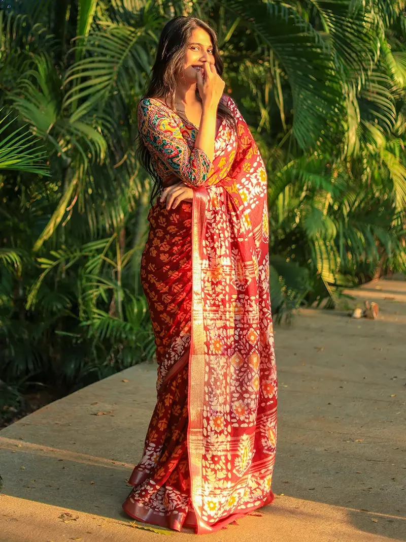 Brown Floral Designed Cotton Saree 1