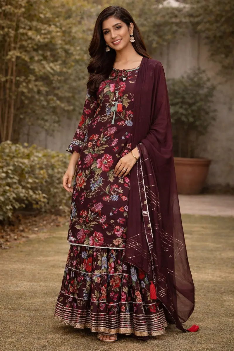 Brown Floral Designed Crepe Sharara Salwar Suit 1