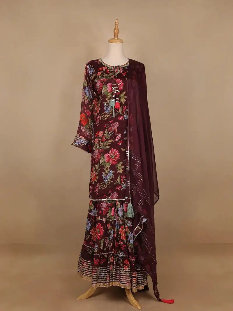 Brown Floral Designed Crepe Sharara Salwar Suit 2