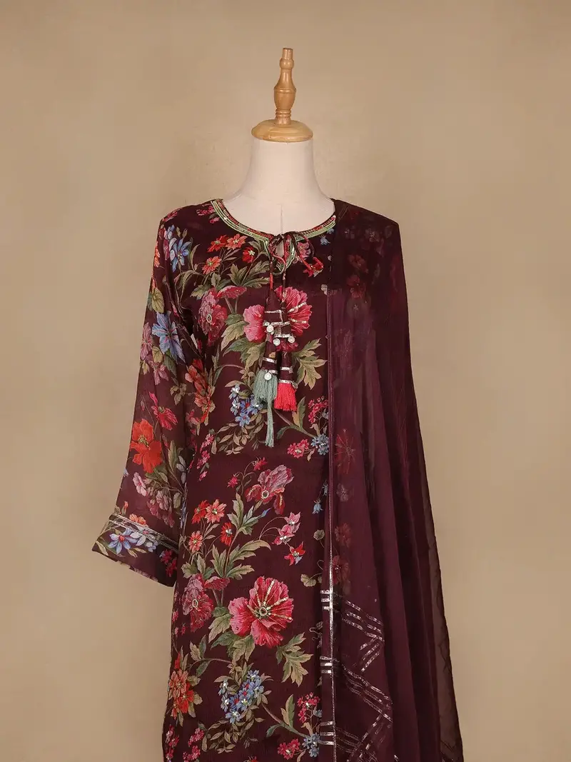 Brown Floral Designed Crepe Sharara Salwar Suit 3