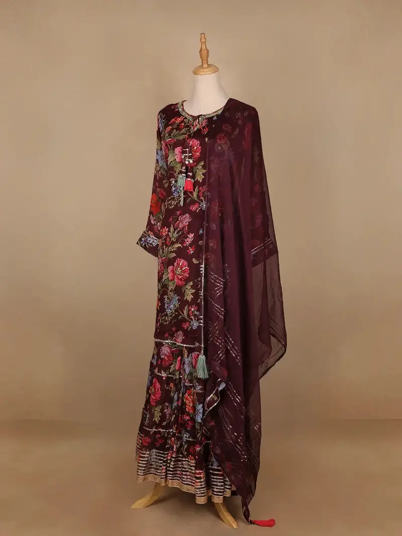 Brown Floral Designed Crepe Sharara Salwar Suit 4