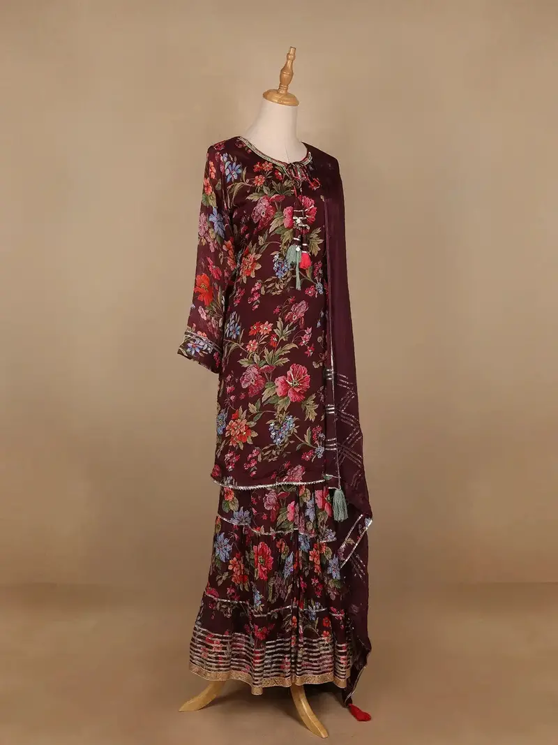 Brown Floral Designed Crepe Sharara Salwar Suit 5