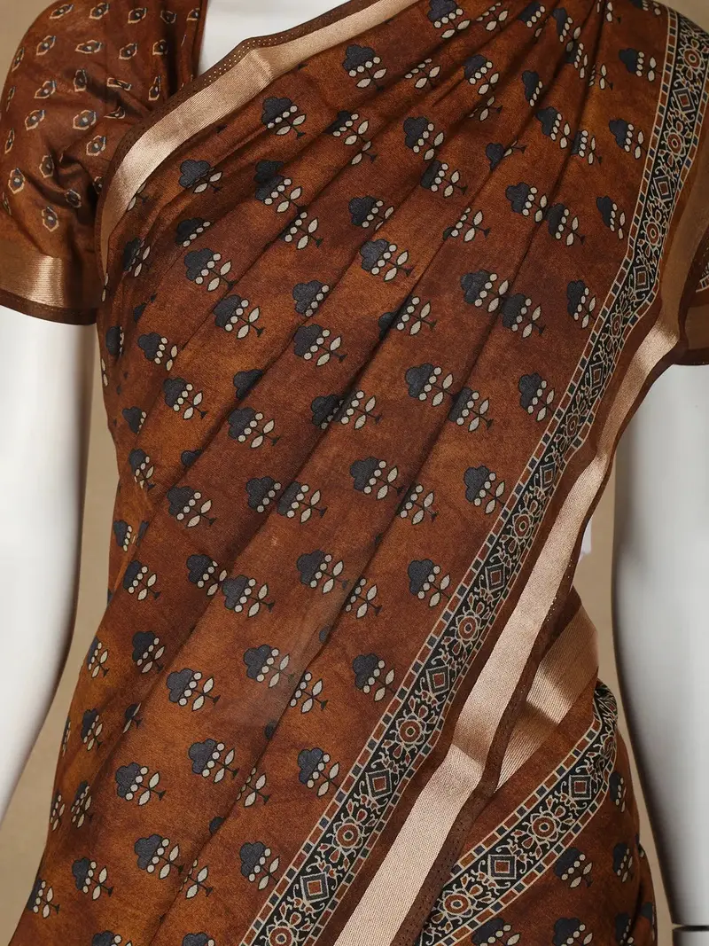 Brown Floral Designed Crepe Silk Saree 2