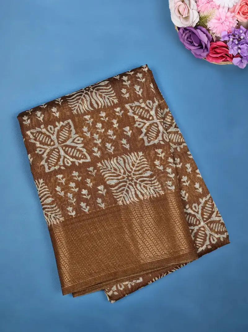 Brown Floral Designed Fancy Cotton Saree 1