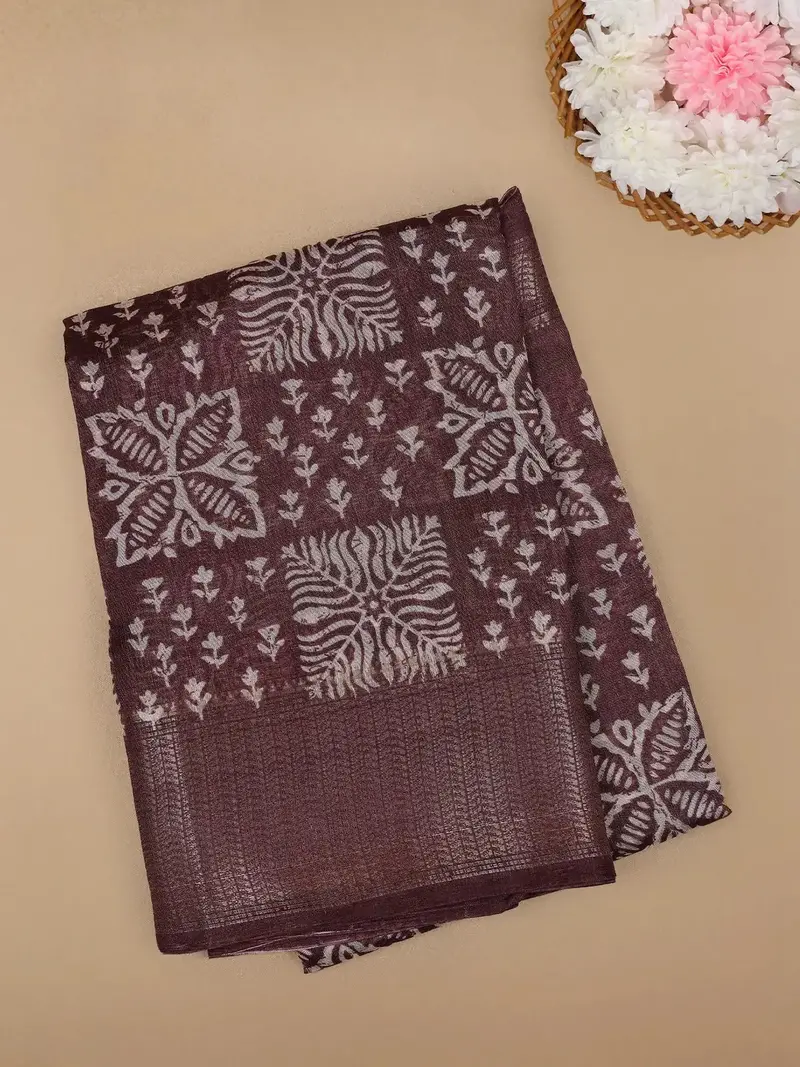 Brown Floral Designed Fancy Cotton Saree 1