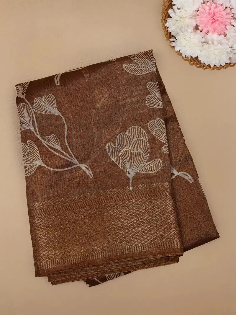 Brown Floral Designed Fancy Cotton Saree 1