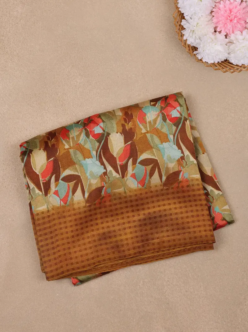 Brown Floral Designed Fancy Cotton Saree 1