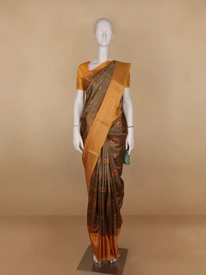 Brown Floral Designed Kora Printed Saree 1