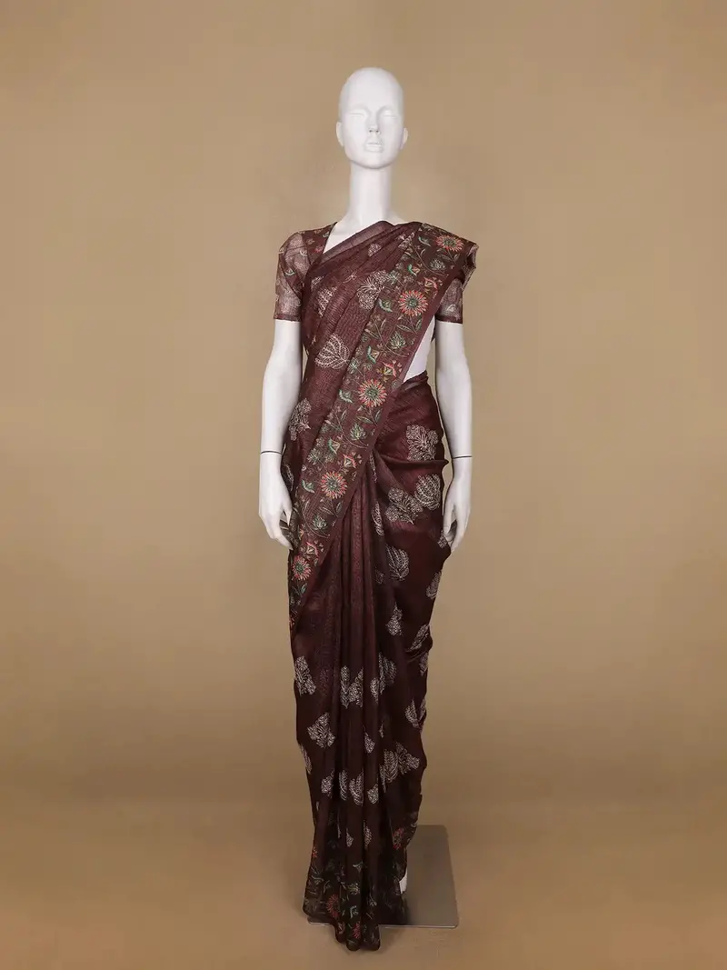 Brown Floral Designed Raw Silk Saree 1