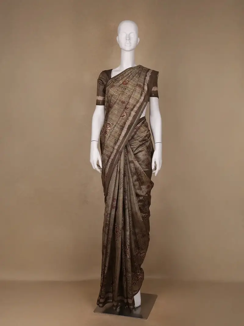 Brown Floral Designed Semi Tussar Saree 1