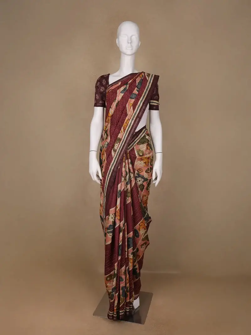 Brown Floral Designed Semi Tussar Saree 1