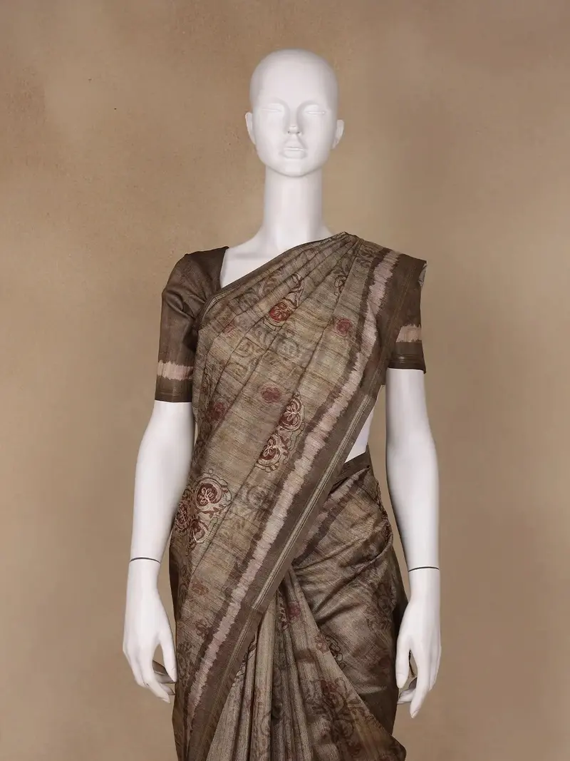 Brown Floral Designed Semi Tussar Saree 2