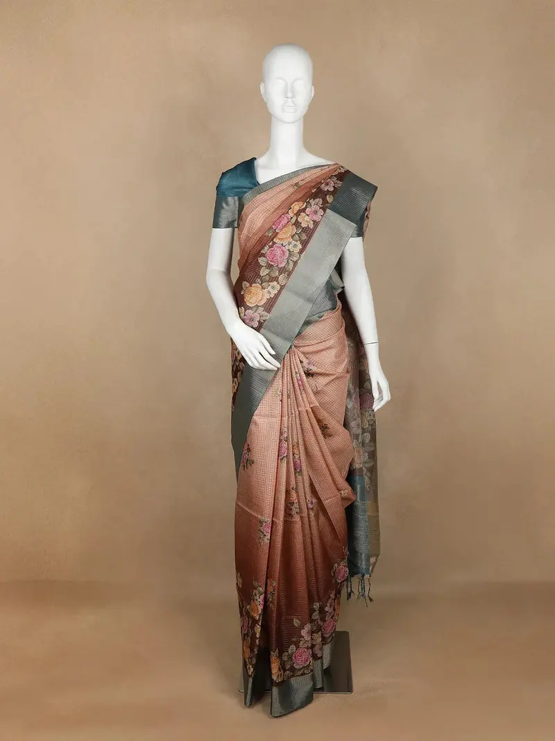 Brown Floral Designed Semi Tussar Silk Saree 1