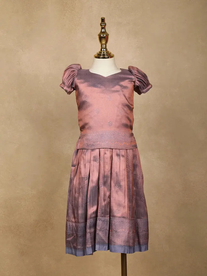Brown Floral Designed Silk Pavada Sattai Set 1