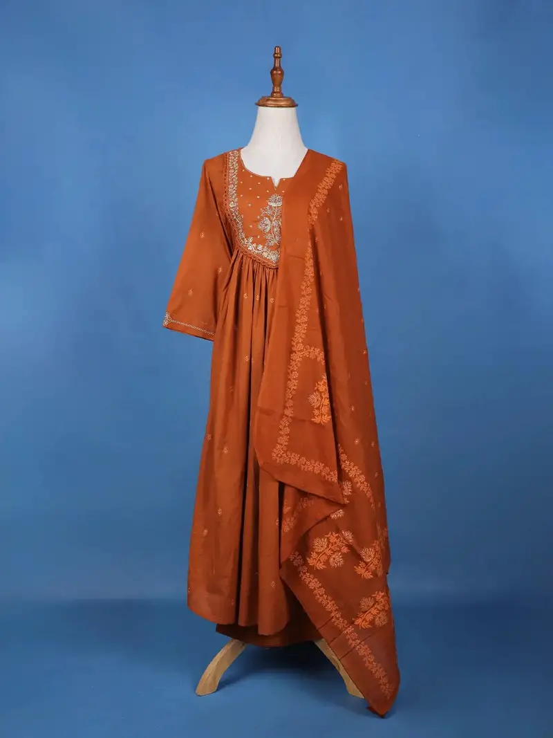 Brown Floral Embroidered Cotton Salwar Suit 1