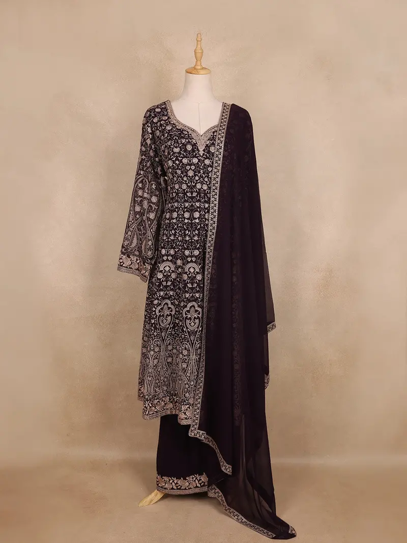 Brown Floral Embroidery Georgette Palazzo  Suit 1