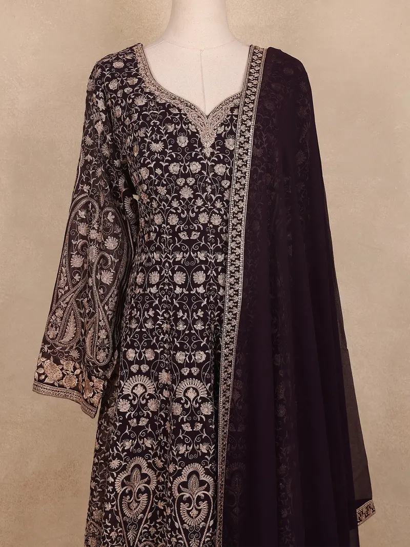 Brown Floral Embroidery Georgette Palazzo Suit 2
