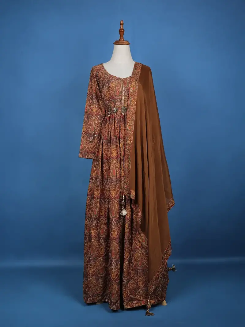 Brown Floral Motif Bead And Printed Work Cotton Gown 1