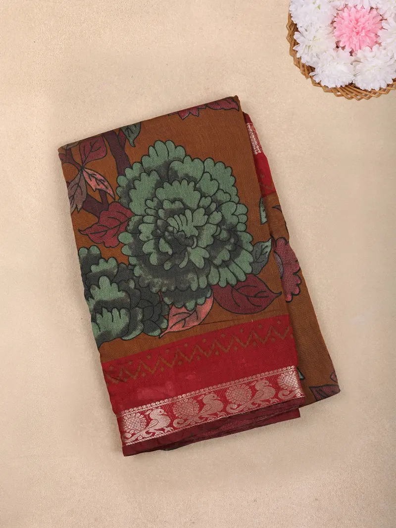 Brown Floral Printed Design Chanderi Cotton Saree With Contrast Zari Woven Border 1