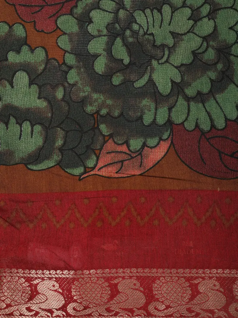 Brown Floral Printed Design Chanderi Cotton Saree With Contrast Zari Woven Border 2
