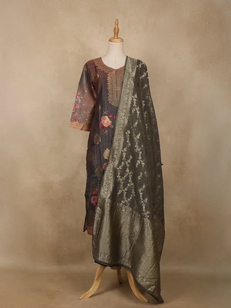 Brown Floral Printed Design Jacquard Straight Cut Salwar Suit 1